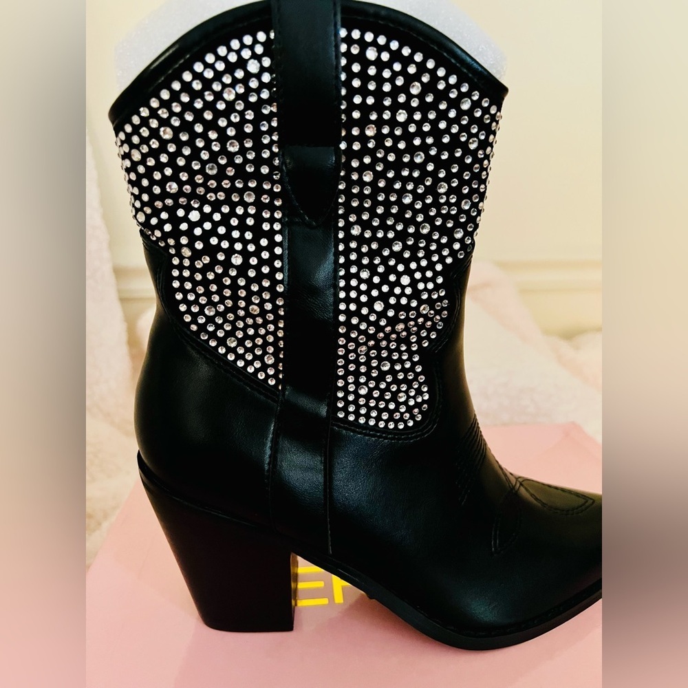 NIB Dolls Kill Cowgirl Ways Western Boot Cassidy Denim Boot in Black w/ Crystals - Picture 7 of 16